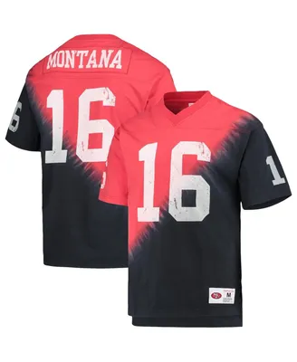 Men's Mitchell & Ness Joe Montana Black, Red San Francisco 49ers Retired Player Name Number Diagonal Tie-Dye V-Neck T-shirt