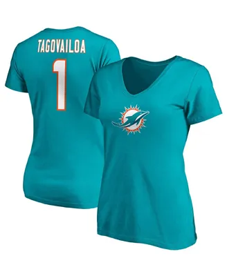 Women's Fanatics Tua Tagovailoa Aqua Miami Dolphins Player Icon Name and Number V-Neck T-shirt