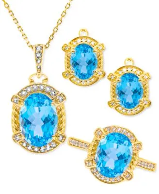 3 Pc. Set Swiss Blue Topaz 9 1 2 Ct. T.W. Diamond 3 8 Ct. T.W. Pendant Necklace Earrings Ring In 18k Yellow Gold Plated Sterling Silver