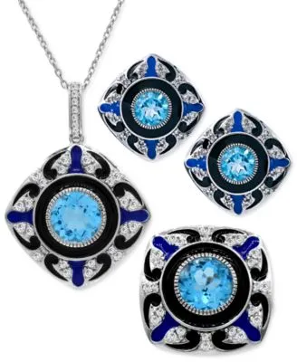 Swiss Blue White Topaz Enamel Jewelry Collection In Sterling Silver