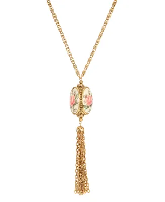 2028 Gold-Tone 3 Sided Pink Flower Spinner Tassel Necklace