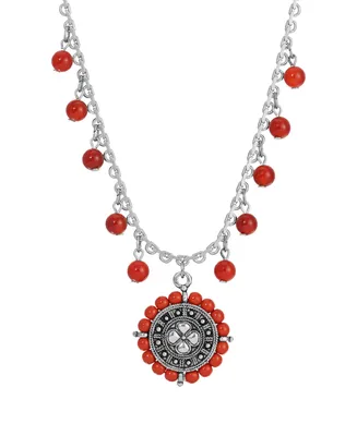 2028 Silver-Tone Round Floral Disc Red Bead Necklace