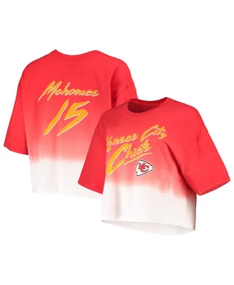 Women's Majestic Threads Patrick Mahomes Red, White Kansas City Chiefs Drip-Dye Player Name and Number Tri-Blend Crop T-shirt