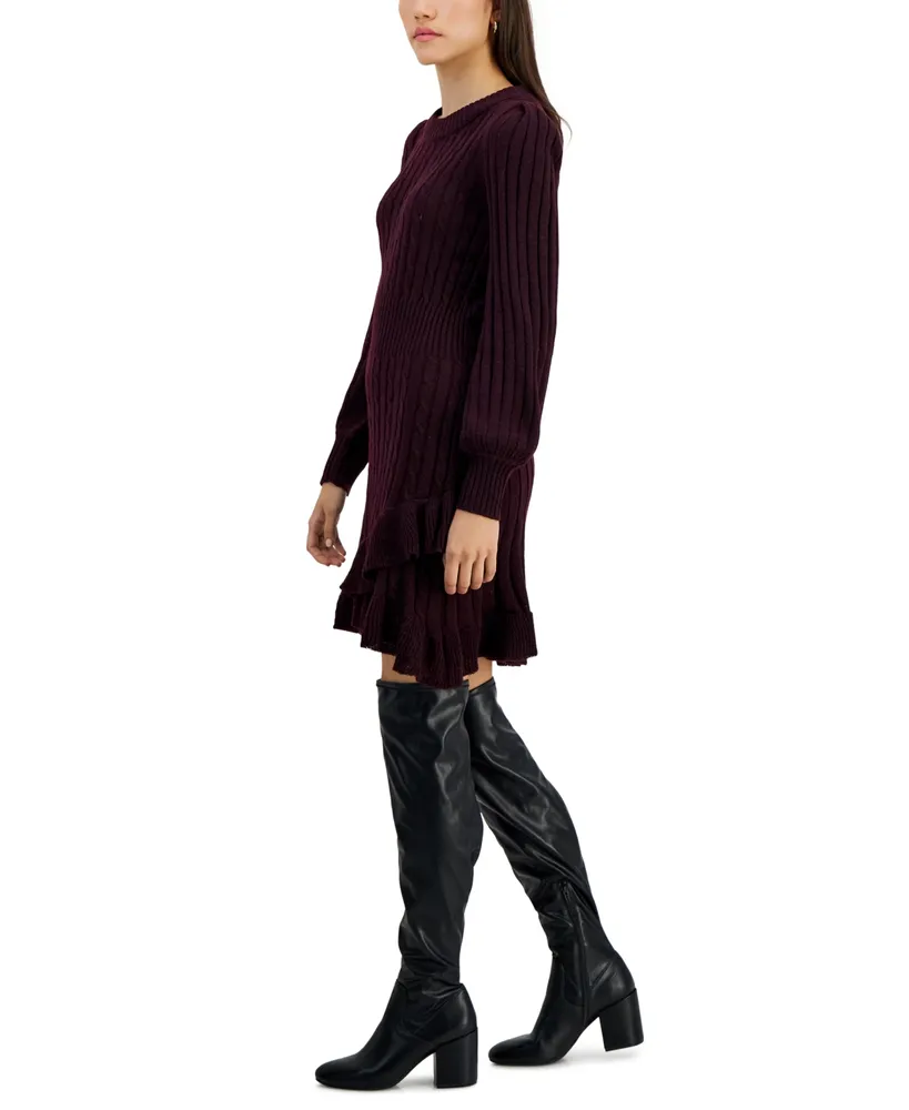 Taylor Petite Ruffled-Hem Cable-Knit Sweater Dress