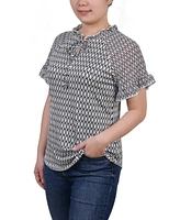 Ny Collection Petite Chiffon Short Ruffled Sleeve Crepe Knit Top
