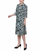 Ny Collection Petite Printed Long Sleeve Roll Tab Shirtdress