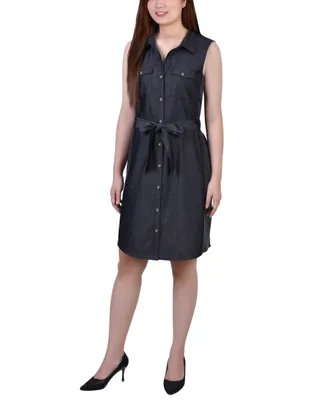 Ny Collection Petite Sleeveless Belted Denim Dress