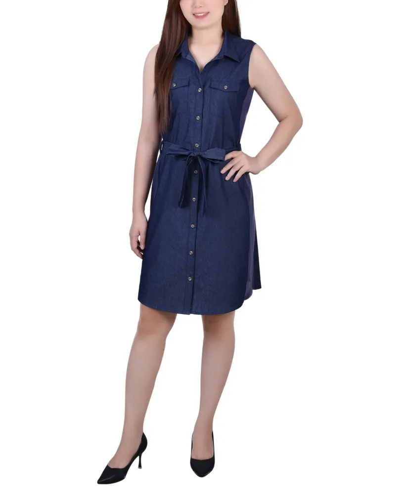 Ny Collection Petite Sleeveless Belted Denim Dress