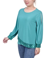 Ny Collection Petite Long Sleeve Knit Top with Sequin Hem