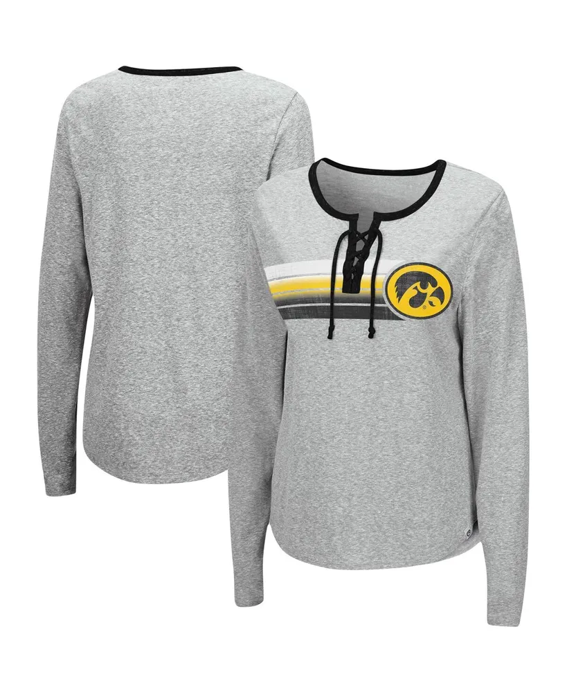 Women's Colosseum Heathered Gray Iowa Hawkeyes Sundial Tri-Blend Long Sleeve Lace-Up T-shirt