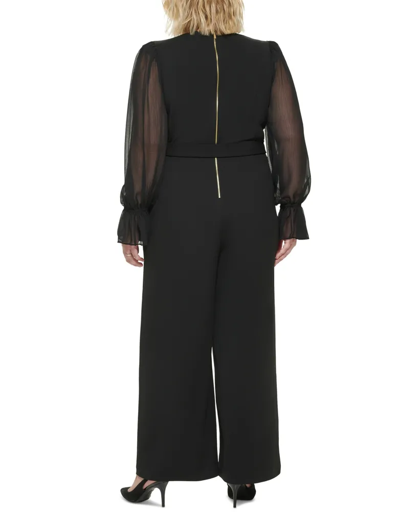 Calvin Klein Plus Size Sheer-Sleeve Wide-Leg Jumpsuit