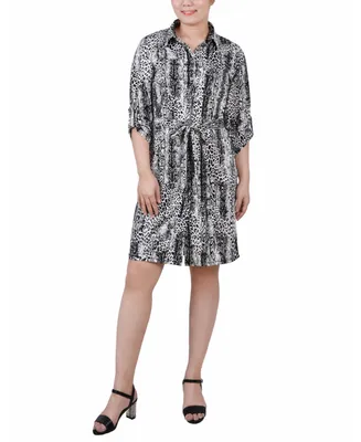 Ny Collection Petite 3/4-Sleeve Printed Shirt Dress