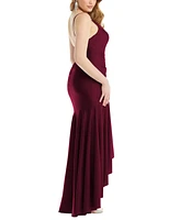 Cynthia & Sahar Women's Pleated Wrap Ruffled High Low Stretch Satin Gown with Slight Train