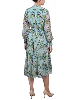 Women's Long Sleeve Clip Dot Chiffon Dress with Smocked Waist and Cuffs