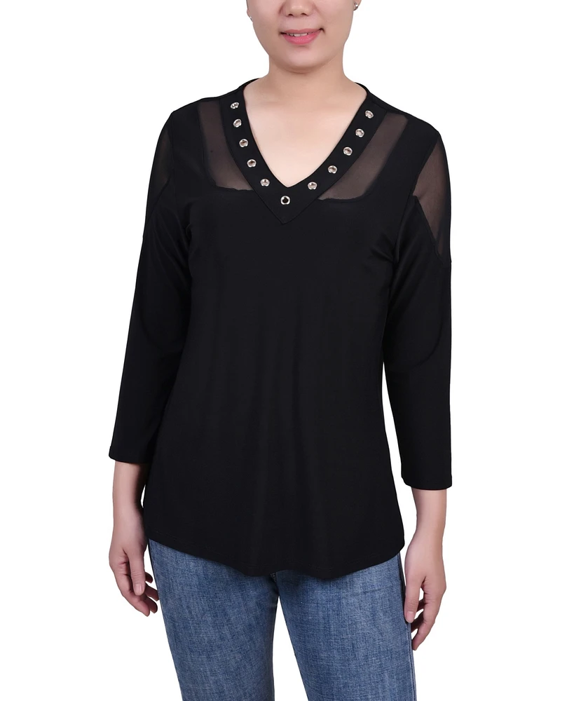 Ny Collection Women's Long Sleeve Top with Mesh Insets