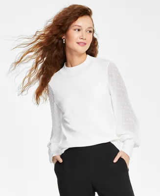 CeCe Women's Mock Neck Clip Dot Sheer Long Sleeve Sweater