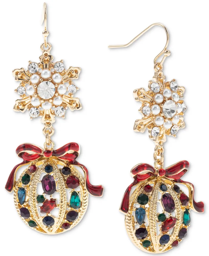 Charter Club Gold-Tone Mixed Stone Yuletide Ornament Double Drop Earrings, Created for Macy's