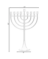 Modern Judaic Hanukkah Menorah 9 Branched Candelabra, Aluminum Finish, Medium