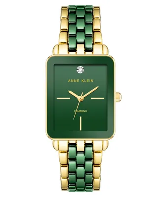 Anne Klein Women's Three-Hand Quartz Rectangular Gold-Tone Alloy with Green Ceramic Bracelet Watch, 26mm