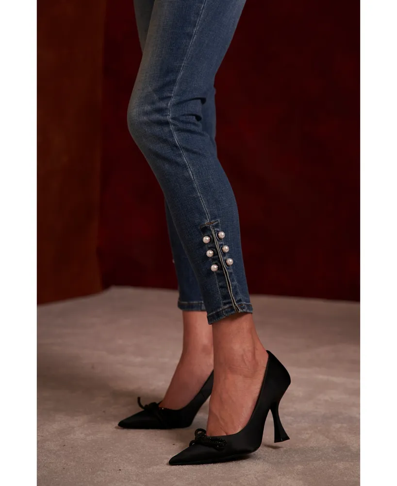 CeCe Women's Imitation Pearl-Embellished Skinny Jeans