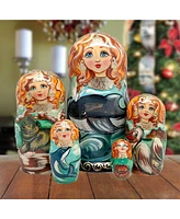 G.DeBrekht Whales Family Matreshka Holiday Nesting Hand-Painted Doll, Set of 5