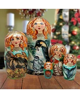 G.DeBrekht Penguins Matreshka Holiday Nesting Hand-Painted Dolls, Set of 5