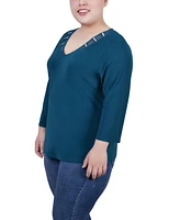 Ny Collection Plus Size Tunic Top with Illusion Neckline and Stones