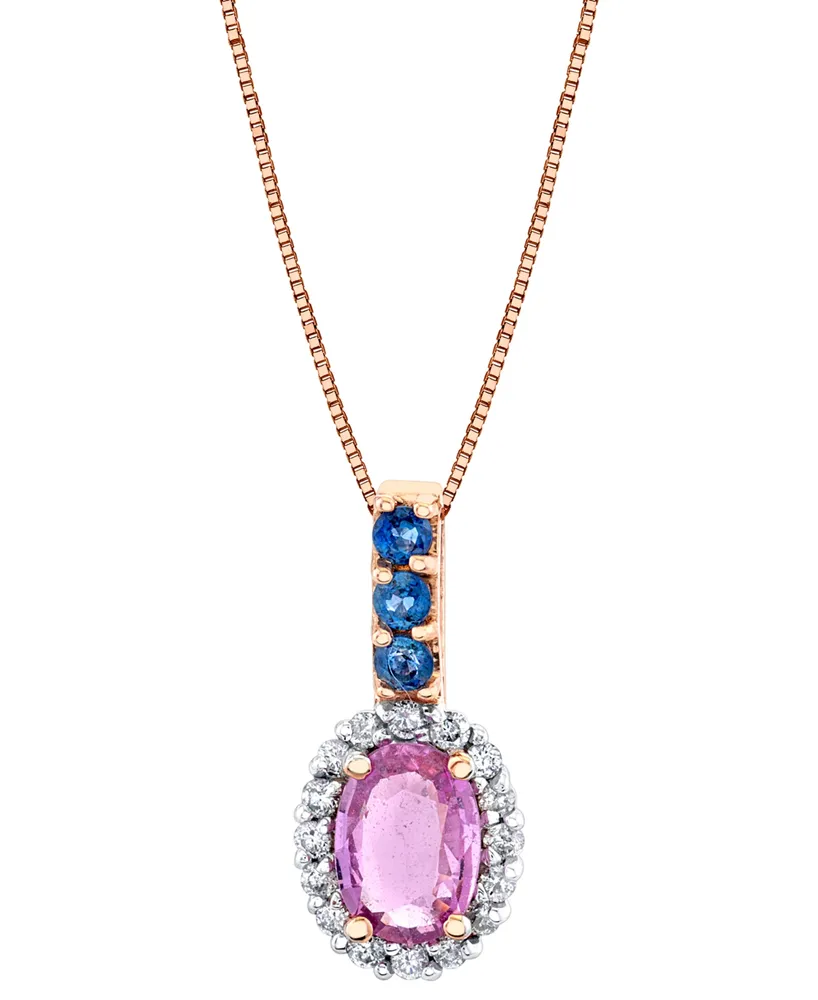 Multi-Sapphire (1-1/5 ct. t.w.) & Diamond (1/6 ct. t.w.) Oval Halo 18" Pendant Necklace in 14k Rose Gold