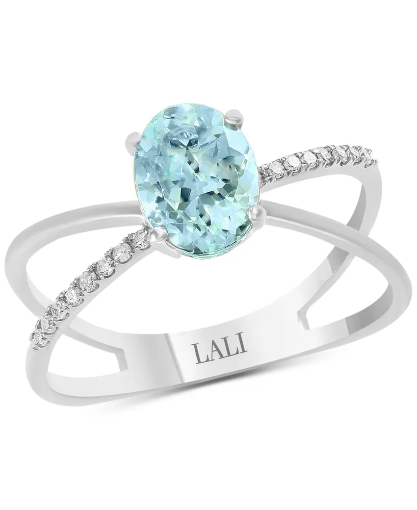 Lali Jewels Aquamarine (1-1/10 ct. t.w.) & Diamond (1/20 ct. t.w.) Crisscross Ring in 14k White Gold