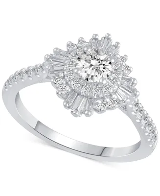 Diamond Baguette & Round Halo Engagement Ring (7/8 ct. t.w.) in 14k White Gold