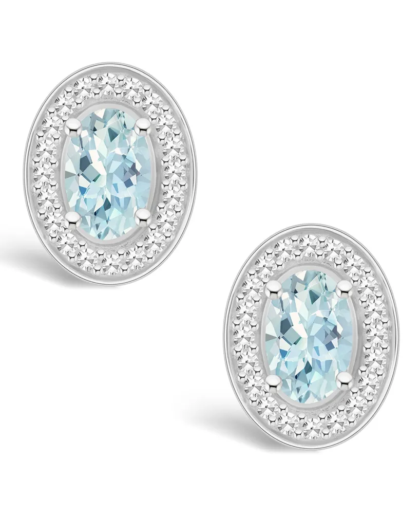 Macy's Aquamarine (7/8 ct. t.w.) and Diamond (1/5 ct. t.w.) Halo Studs in Sterling Silver