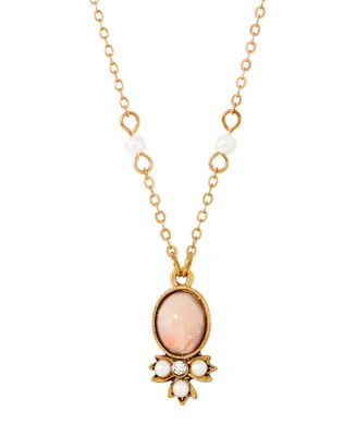 2028 Gold-Tone Peach Color Imitation Pearl and Crystal Drop Necklace