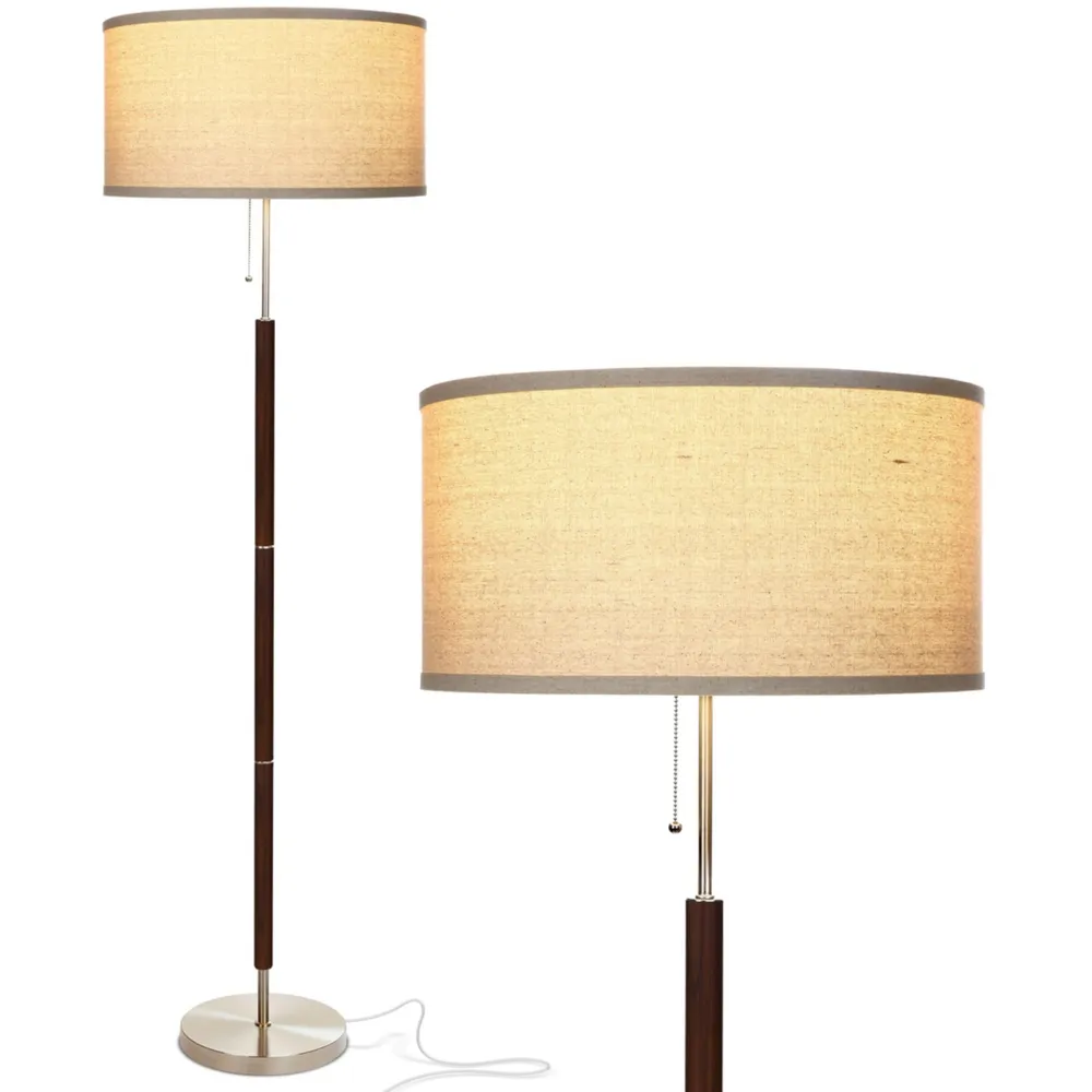 Brightech Carter Led Standing Floor Lamp with Drum Shade and Walnut Wood Finish