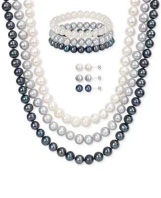 7-Pc. Set White, Black, & Gray Cultured Freshwater Pearl (7-1/2 - 8mm) Necklace, Bracelets, Stud Earrings