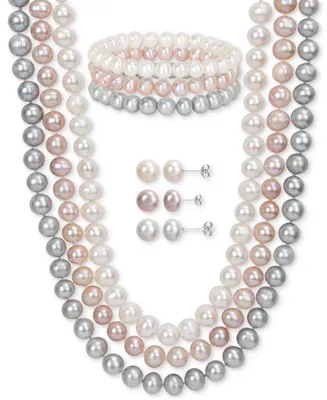 7-Pc. Set White, Black, & Gray Cultured Freshwater Pearl (7-1/2 - 8mm) Necklace, Bracelets, & Stud Earrings