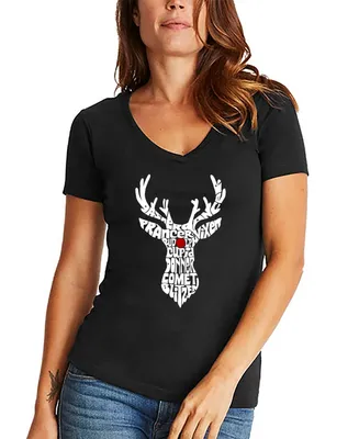La Pop Art Women's Santa's Reindeer Word V-neck T-shirt