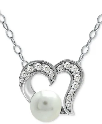 Giani Bernini Freshwater Pearl (5mm) & Cubic Zirconia Open Heart Pendant Necklace, 16" + 2" extender, Created for Macy's