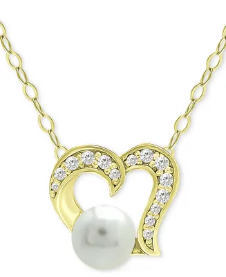 Giani Bernini Freshwater Pearl (5mm) & Cubic Zirconia Open Heart Pendant Necklace, 16" + 2" extender, Created for Macy's
