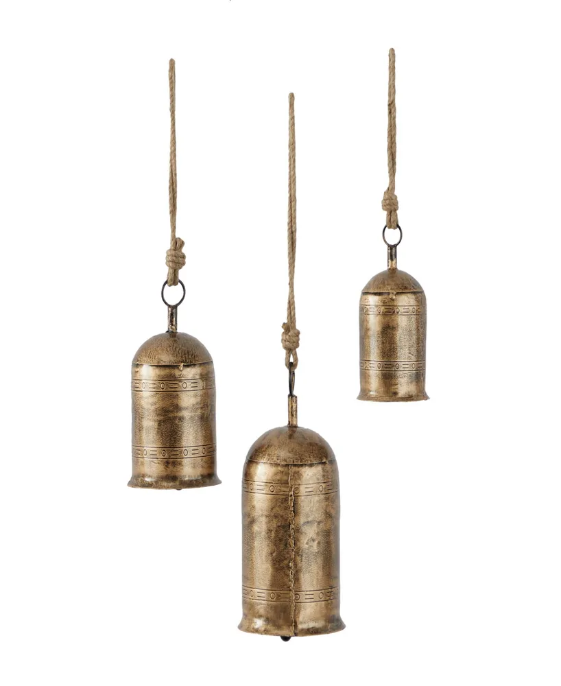 Rosemary Lane Gold-Tone Metal Bohemian Decorative Cow Bell with Jute Hanging Rope Set 3 Pieces - Gold