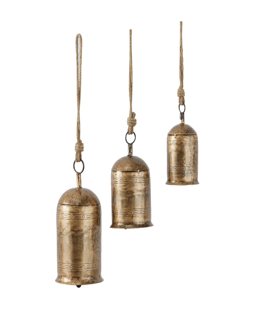 Rosemary Lane Gold-Tone Metal Bohemian Decorative Cow Bell with Jute Hanging Rope Set 3 Pieces - Gold