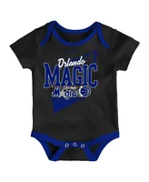 Newborn and Infant Boys Girls Mitchell & Ness Black, Blue Orlando Magic 3-Piece Hardwood Classics Bodysuits Cuffed Knit Hat Set