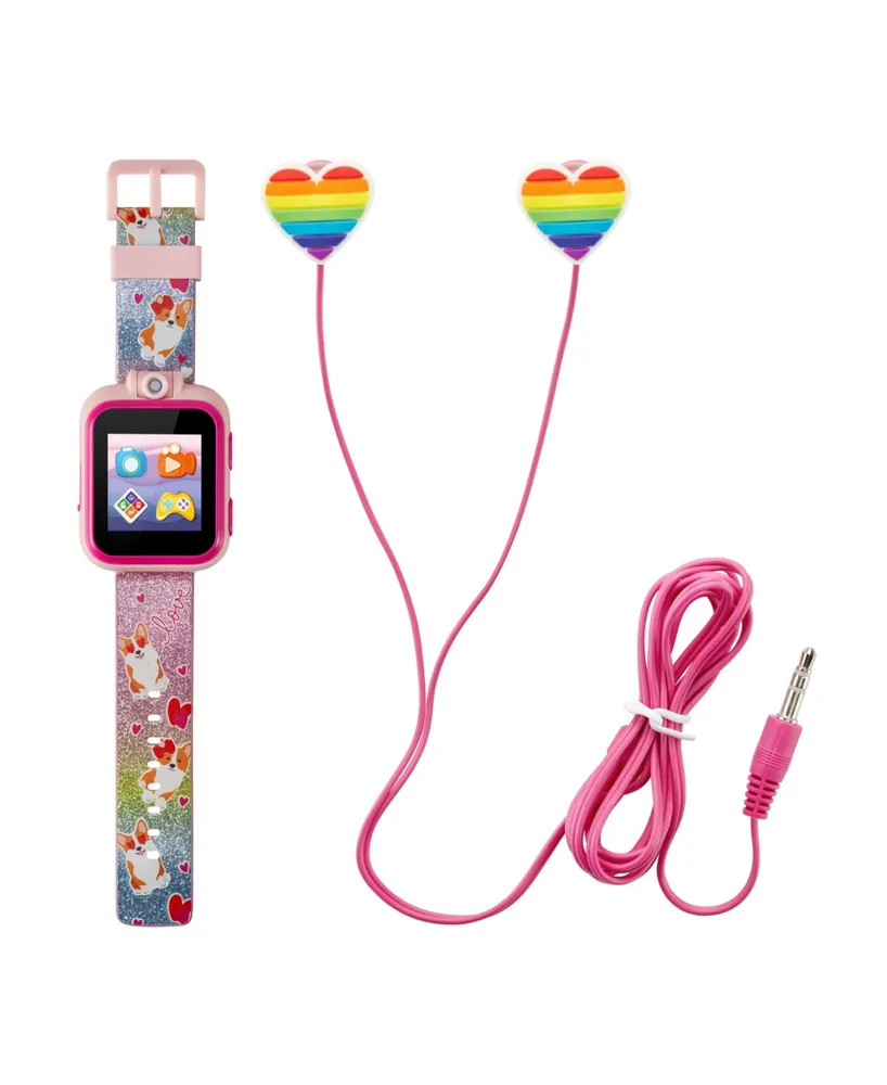 Playzoom Kid's Rainbow Glitter Corgi Dog Silicone Strap Touchscreen Smart Watch 42mm with Earbuds Gift Set