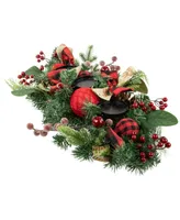 Northlight Pine Triple Candle Holder With Bows and Plaid Christmas Ornaments, 30"