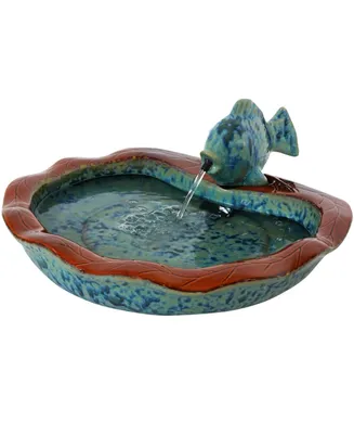 Glazed Ceramic Fish 7-Inch Outdoor Water Fountain - Electric Submersible Pump with Adjustable Flow - Aqua and Brown