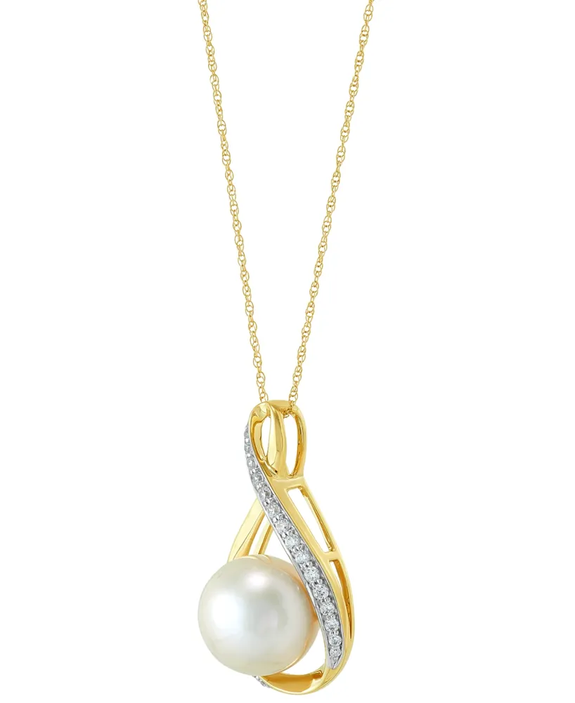 Honora Cultured Ming Pearl (11mm) & Diamond (1/4 ct. t.w.) Swirl Pendant Necklace 14k Gold, 16" + 2" extender