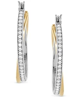 Cubic Zirconia Twist Medium Hoop Earrings in Sterling Silver & 14k Gold-Plate, 1.25"