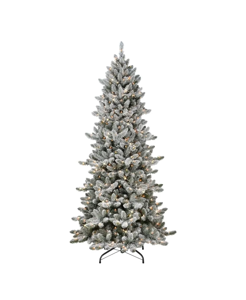 Puleo 7.5FT Pre-Lit Slim Flocked Royal Majestic Spruce Artificial Christmas Tree