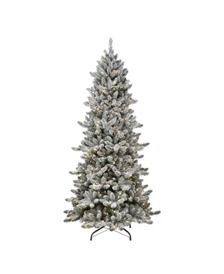 Puleo Pre-Lit Slim Flocked Royal Majestic Spruce Artificial Christmas Tree, 7.5'