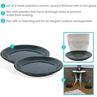 9-Inch Ceramic Plant Saucers - Plant Drip Trays for Outdoor Planter Flower Pot Drainage - Set of 2 - Forest Lake Green