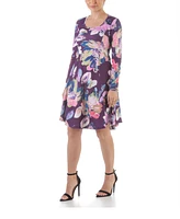 24seven Comfort Apparel Women's Floral Long Sleeve Knee Length Dress